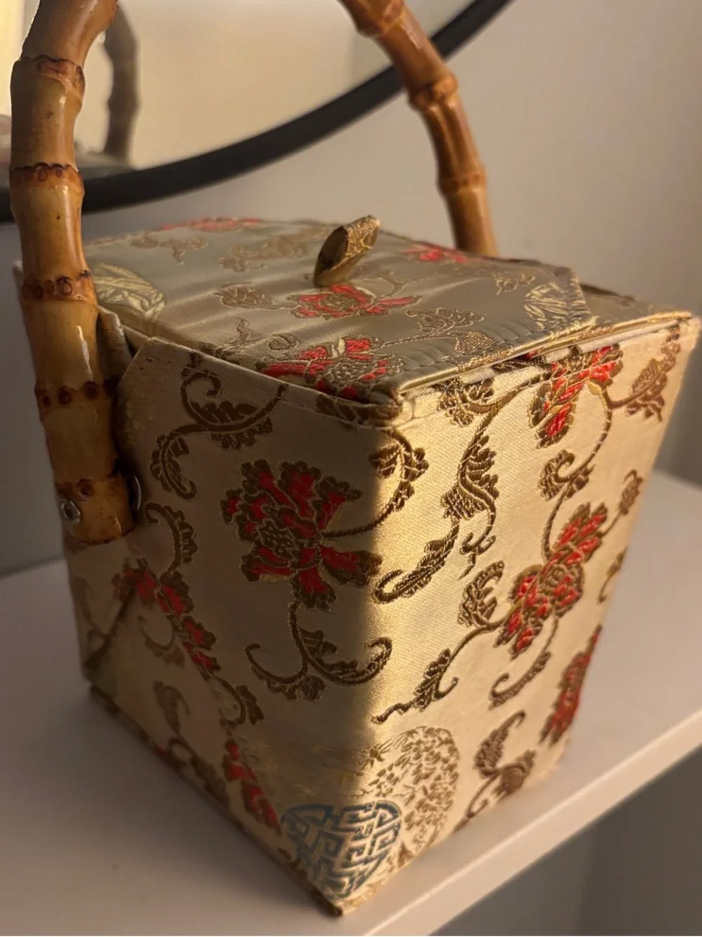 Silk Brocade Decorative Basket with Bamboo Handle - Gold and Red